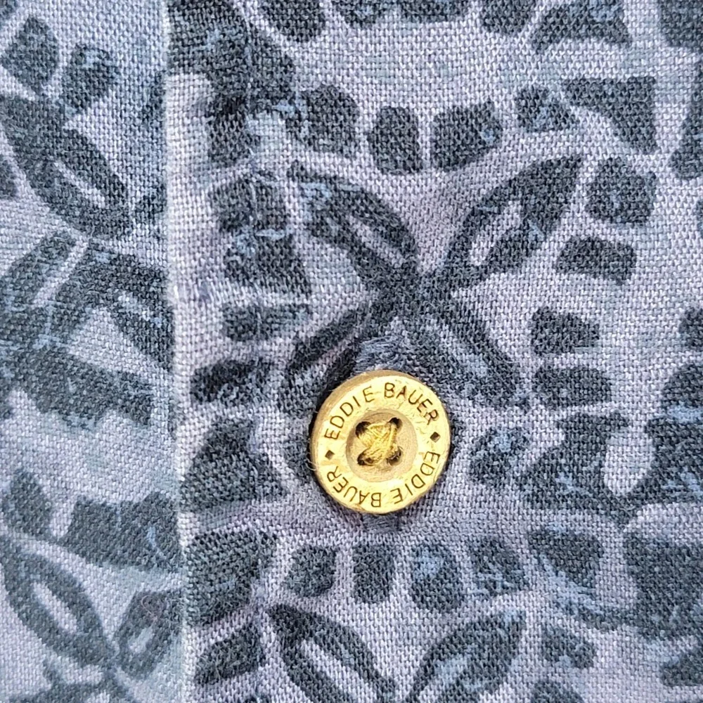 Eddie Bauer Shirt Mens L Hawaiian Vacation Linen Blend Blue Aztec Pocket‎ Office